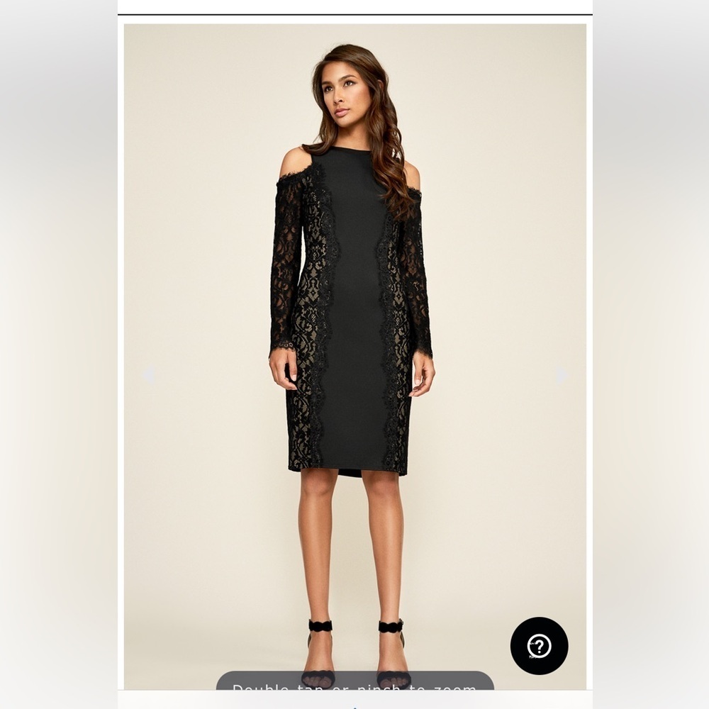 Tadashi Shoji Auden Neoprene Dress Black & Nude Lace Side Sheath Long Sleeve